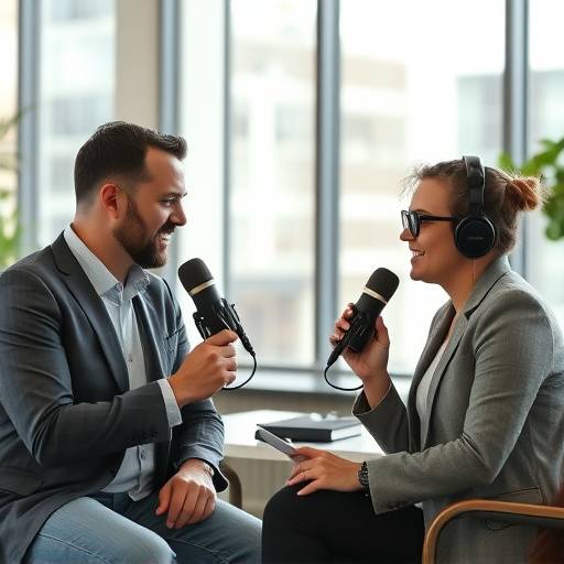 Two people discussing podcast strategy
